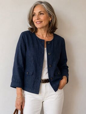 J.Jill Indigo Linen Coastal Cropped Jacket 3/4 Sleeves Pockets Button Front SM